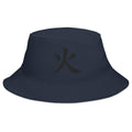 Navy bucket hat with Fire Kanji Symbol embroidered artwork, front view