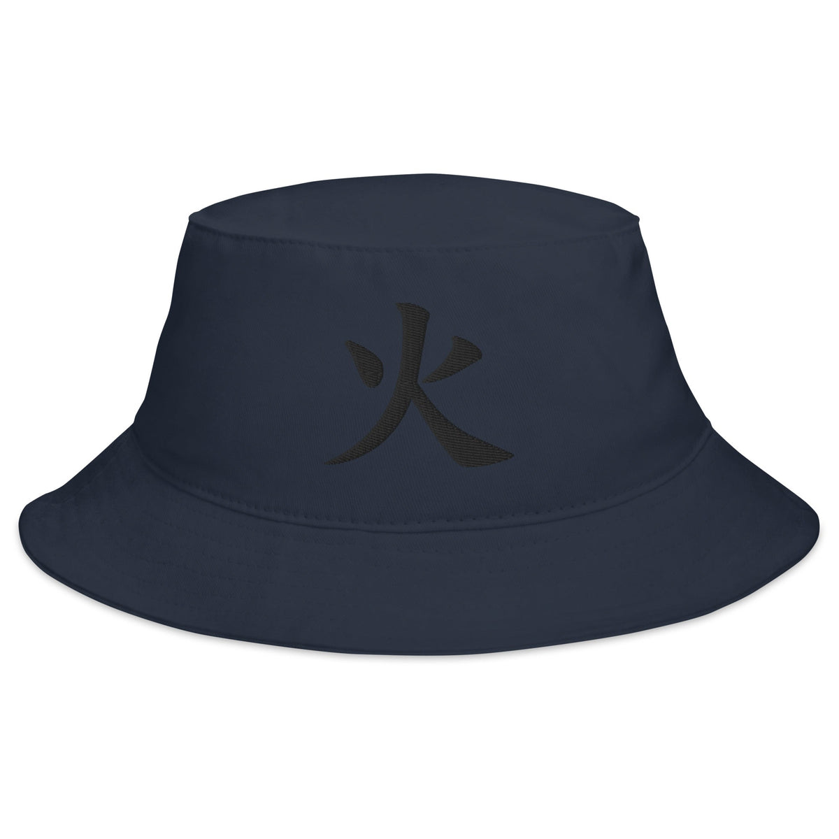 Navy bucket hat with Fire Kanji Symbol embroidered artwork, front view