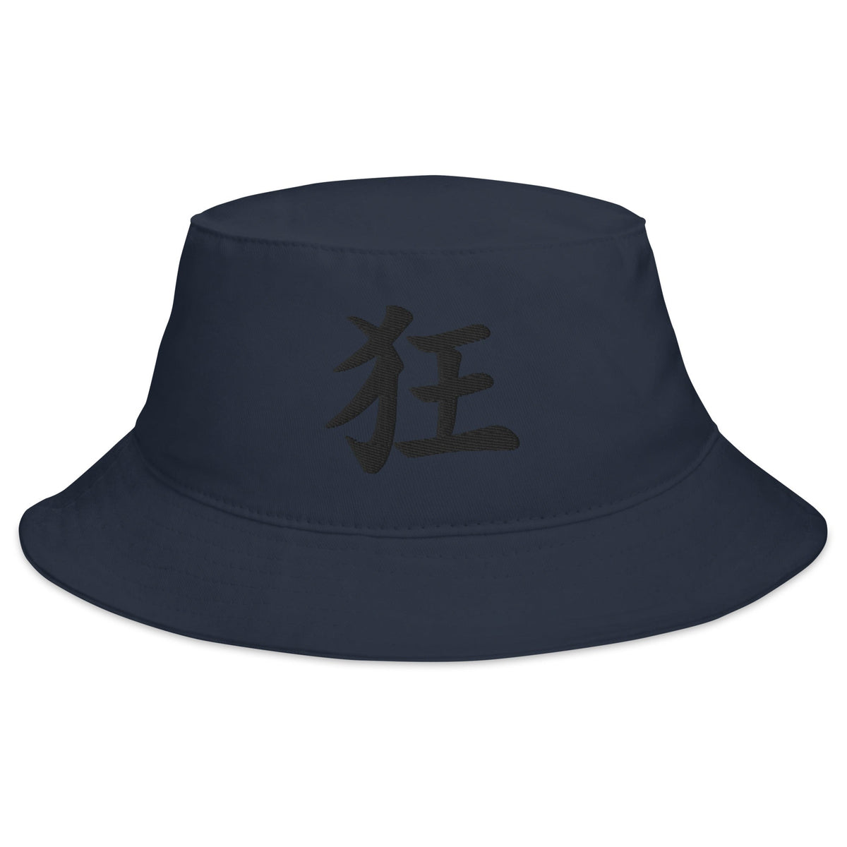 Navy bucket hat with Madness Kanji Symbol embroidered artwork, front view