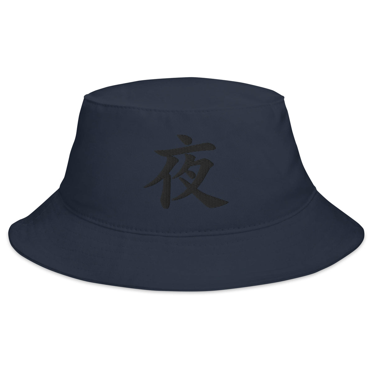 Navy bucket hat with Night Kanji Symbol embroidered artwork, front view