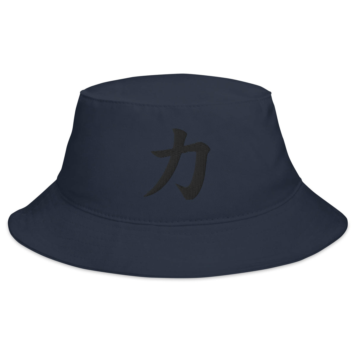 Navy bucket hat with Power Kanji Symbol embroidered artwork, front view