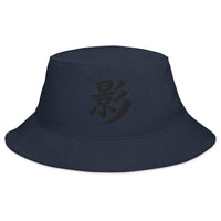 Navy bucket hat with Shadow Kanji Symbol embroidered artwork, front view
