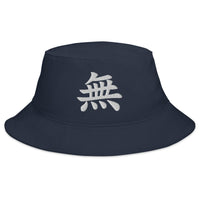 Navy bucket hat with Japanese Kanji Void embroidered artwork, front view