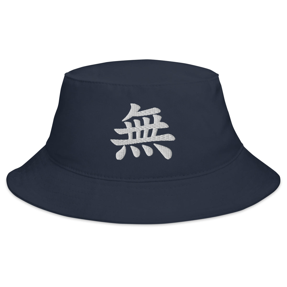 Navy bucket hat with Japanese Kanji Void embroidered artwork, front view