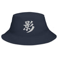 Navy bucket hat with Japanese Kanji Shadow embroidered artwork, front view