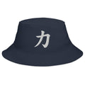 Navy bucket hat with Japanese Kanji Power embroidered artwork, front view