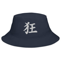 Navy bucket hat with Japanese Kanji Madness embroidered artwork, front view