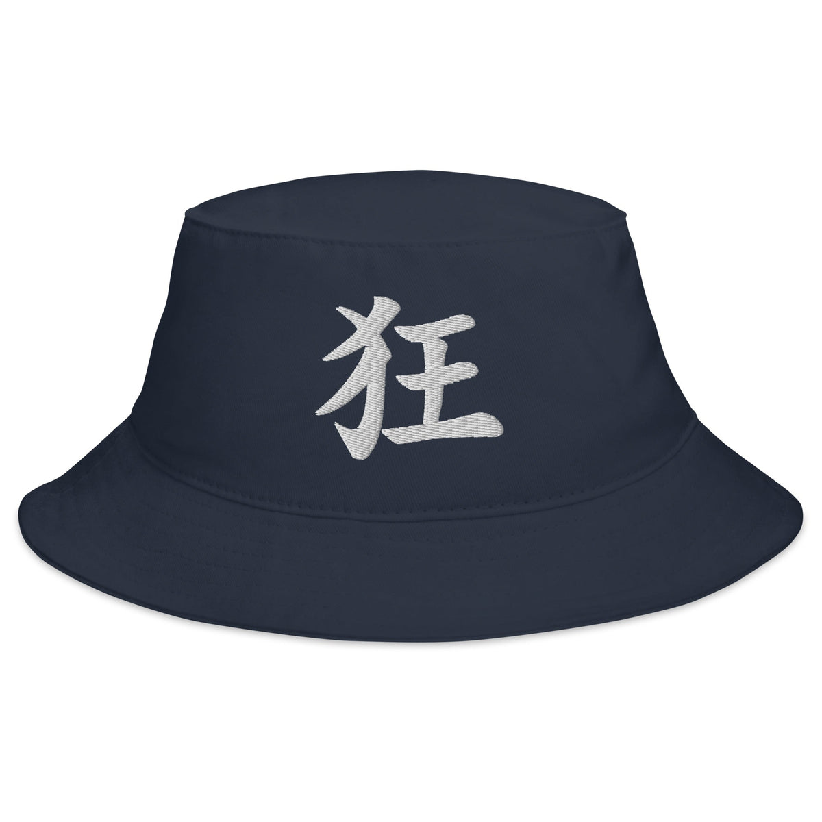 Navy bucket hat with Japanese Kanji Madness embroidered artwork, front view