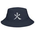 Navy bucket hat with Japanese Kanji Fire embroidered artwork, front view