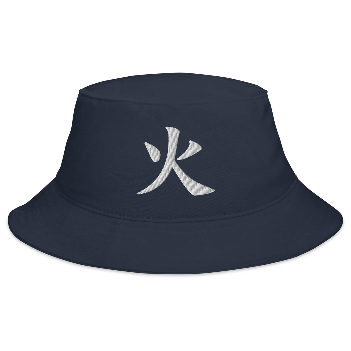 Navy bucket hat with Japanese Kanji Fire embroidered artwork, front view