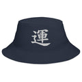 Navy bucket hat with Japanese Kanji Luck embroidered artwork, front view