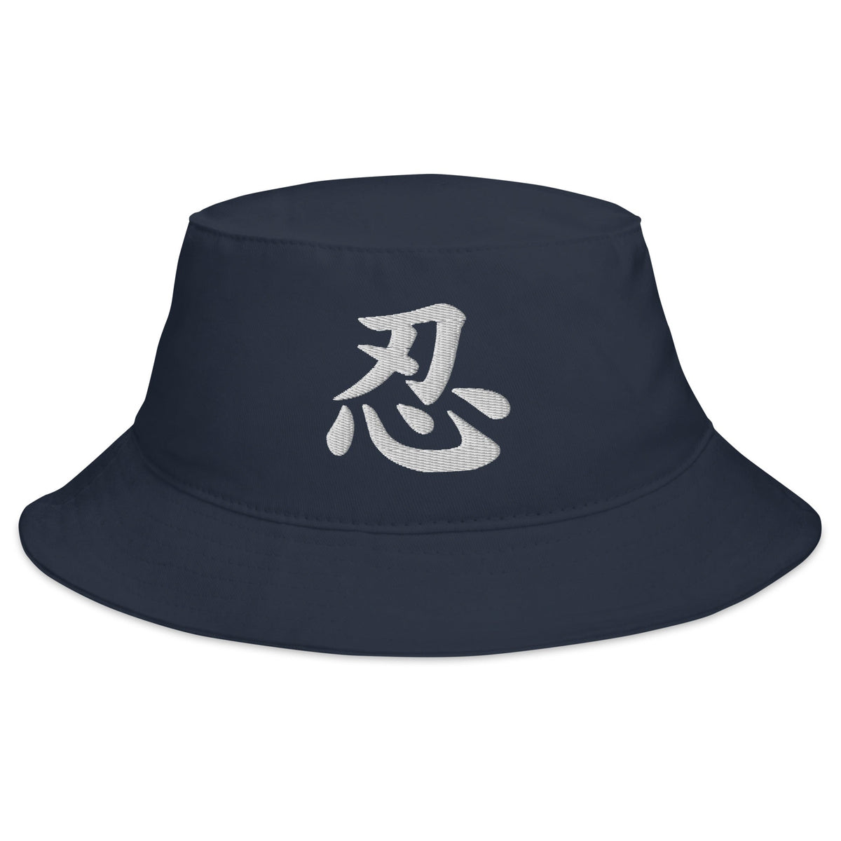 Navy bucket hat with Japanese Kanji Endure embroidered artwork, front view