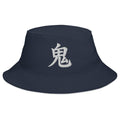 Navy bucket hat with Japanese Kanji Demon embroidered artwork, front view