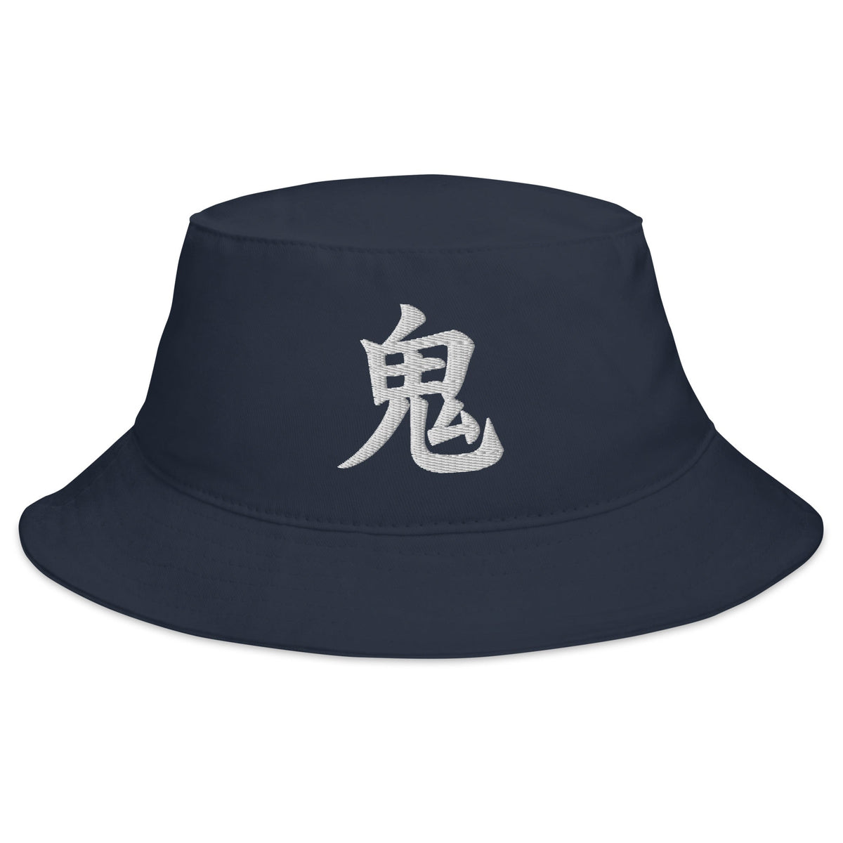 Navy bucket hat with Japanese Kanji Demon embroidered artwork, front view