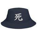 Navy bucket hat with Japanese Kanji Death embroidered artwork, front view