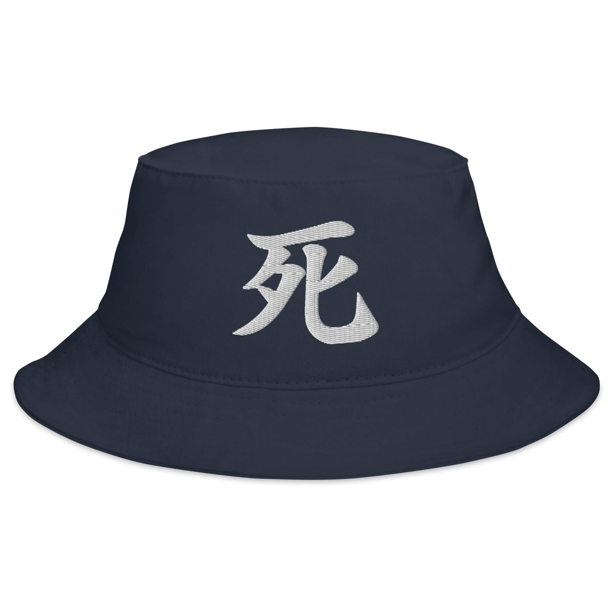 Navy bucket hat with Japanese Kanji Death embroidered artwork, front view
