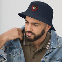 Navy bucket hat with Yin Yang Chinese Wheel embroidered artwork, left-front view