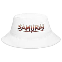 White bucket hat with Anime Samurai Warrior embroidered artwork, front view