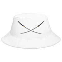 White bucket hat with Dual Samurai Swords Anime Warrior embroidered artwork, front view
