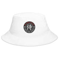 White bucket hat with Samurai Honor the Sword Japanese Kanji Symbol embroidered artwork, front view