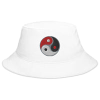 White bucket hat with Triple Yin Yang Symbol embroidered artwork, front view