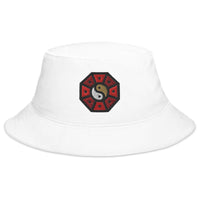 White bucket hat with Yin Yang Chinese Wheel embroidered artwork, front view