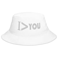 White bucket hat with I Am Greater > Than You Sarcastic Meme embroidered artwork, front view