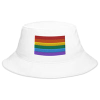 White bucket hat with LGBTQ+ Pride embroidered artwork, front view