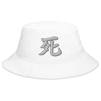 White bucket hat with Japanese Kanji Death Symbol embroidered artwork, front view