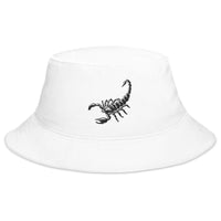 White bucket hat with Scorpion Deadly Sting embroidered artwork, front view