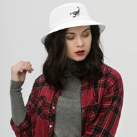 White bucket hat with Scorpion Deadly Sting embroidered artwork, front view
