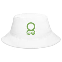 White bucket hat with Green Viking Troll Cross embroidered artwork, front view