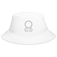 White bucket hat with White Viking Troll Cross embroidered artwork, front view