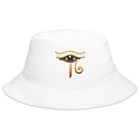 White bucket hat with Sun God Eye of Ra embroidered artwork, front view