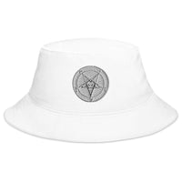 White bucket hat with White Baphomet Sigil embroidered artwork, front view