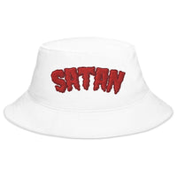 White bucket hat with Satan Blood Drip embroidered artwork, front view