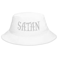 White bucket hat with White Satan Pure Evil embroidered artwork, front view