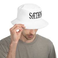 White bucket hat with Black Satan Pure Evil embroidered artwork, front view
