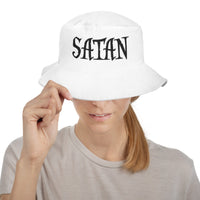 White bucket hat with Black Satan Pure Evil embroidered artwork, front view