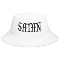 White bucket hat with Black Satan Pure Evil embroidered artwork, front view