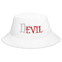 White bucket hat with The Devil Is Evil embroidered artwork, front view