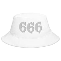 White bucket hat with White 666 embroidered artwork, front view