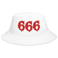 White bucket hat with Red 666 embroidered artwork, front view