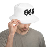 White bucket hat with Black 666 embroidered artwork, front view