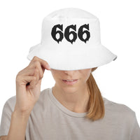 White bucket hat with Black 666 embroidered artwork, front view