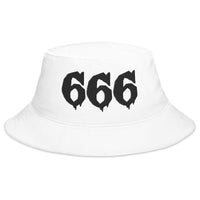 White bucket hat with Black 666 embroidered artwork, front view
