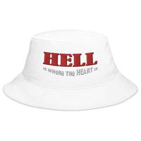 White bucket hat with Hell Is Where The Heart Is embroidered artwork, front view
