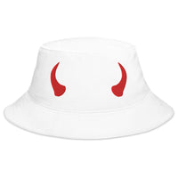 White bucket hat with Red Devil Horns embroidered artwork, front view