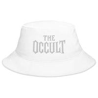 White bucket hat with The Occult White embroidered artwork, front view