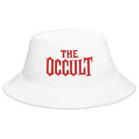 White bucket hat with The Occult Red embroidered artwork, front view